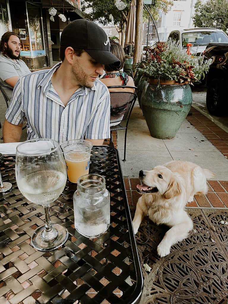 Der Typ auf der anderen Seite des Tisches schaut seinen Hund an